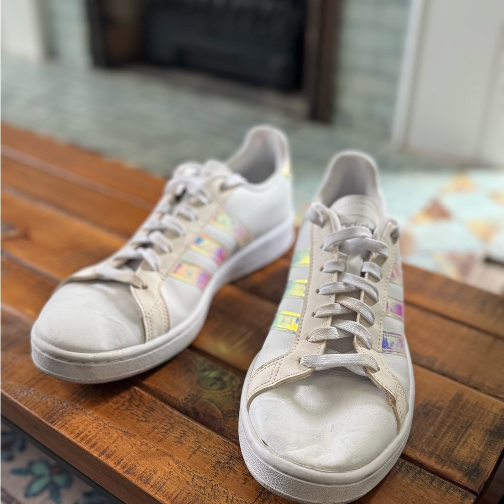 White Adidas Sneakers with Iridescent Stripes